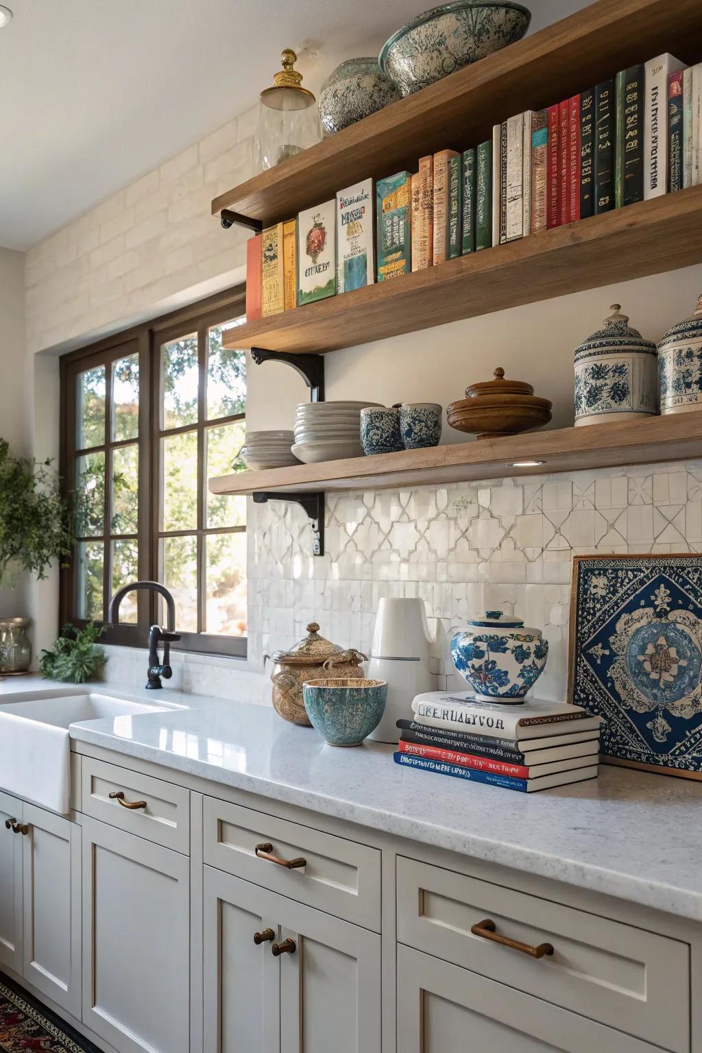 Floating shelves provide an elegant platform for highlighting your favorite decorative elements.