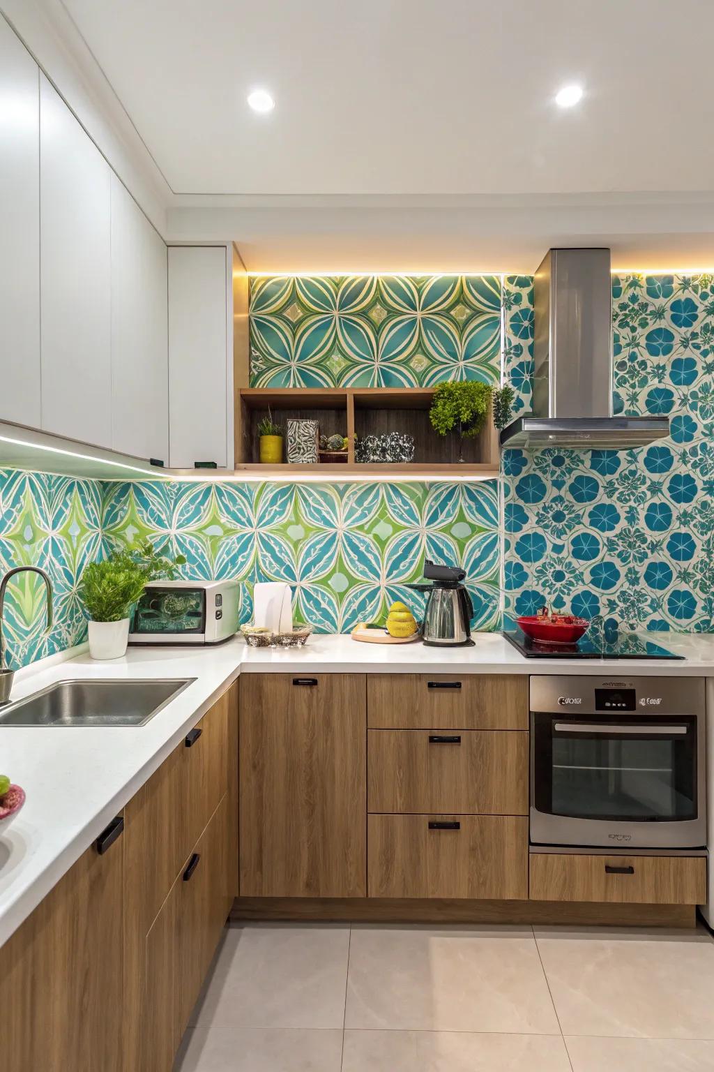 Wallpaper presents a dynamic and easily changeable kitchen backsplash.