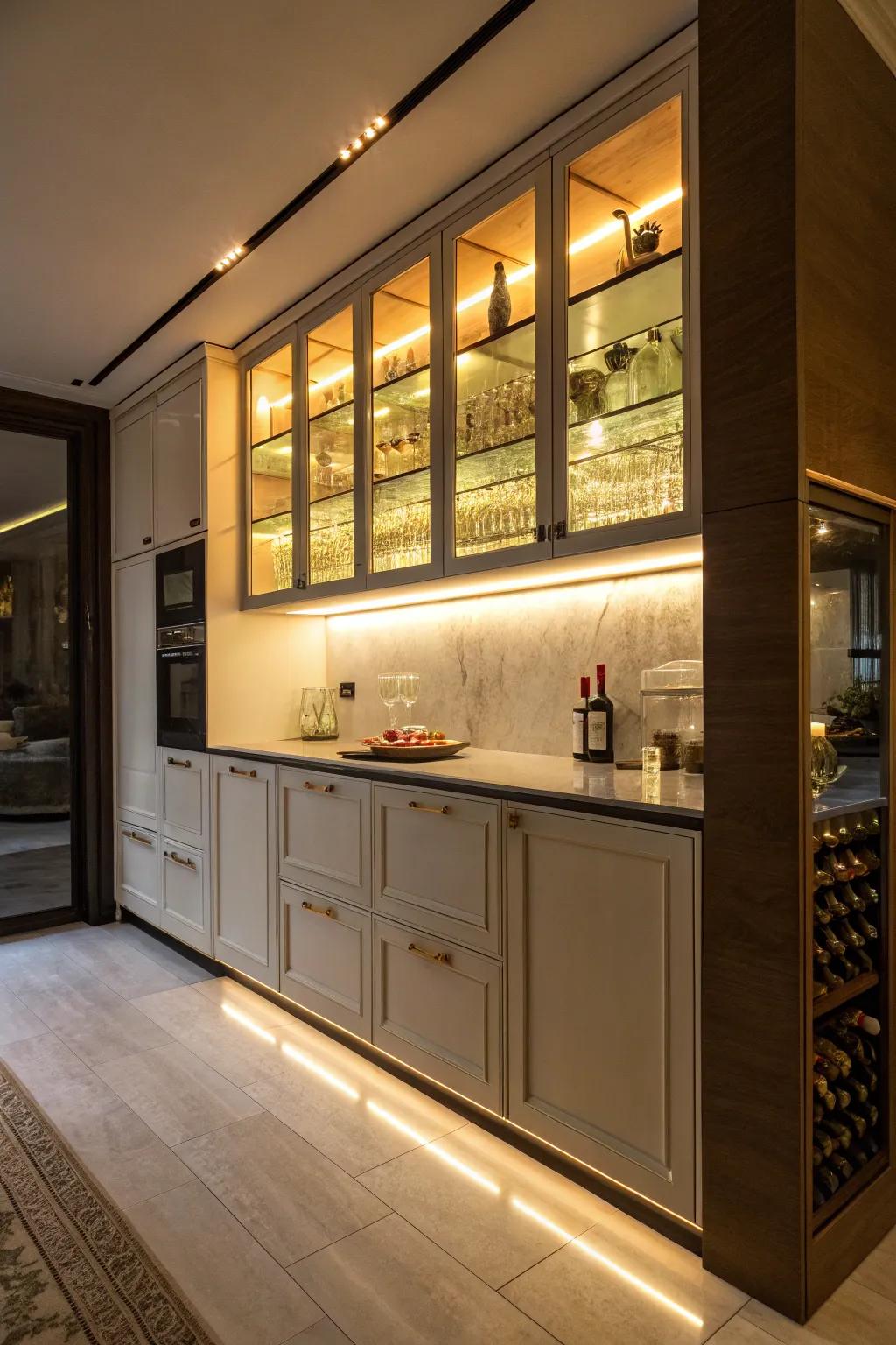 Subtle lighting elevates the functionality and charm of this bar cabinet.