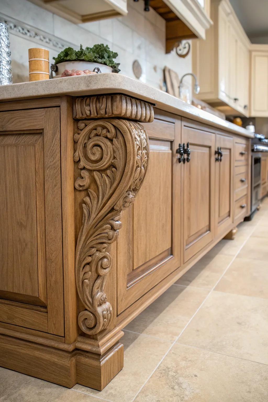 Brackets blend vintage allure with cabinet support.