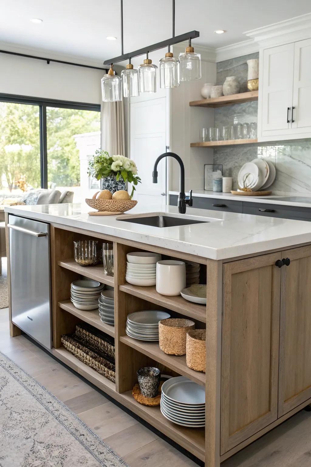 An innovative kitchen island featuring open shelving for both style and practicality.