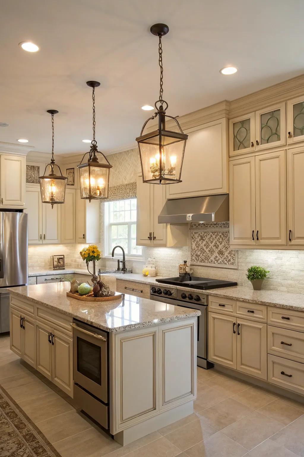 Coordinated lights enhance the harmonious color scheme of this kitchen.
