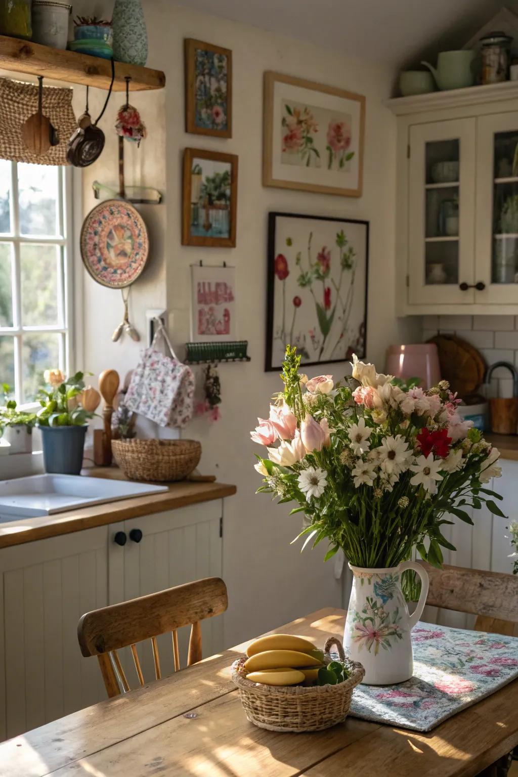 A kitchen brightened by personal decorative touches.