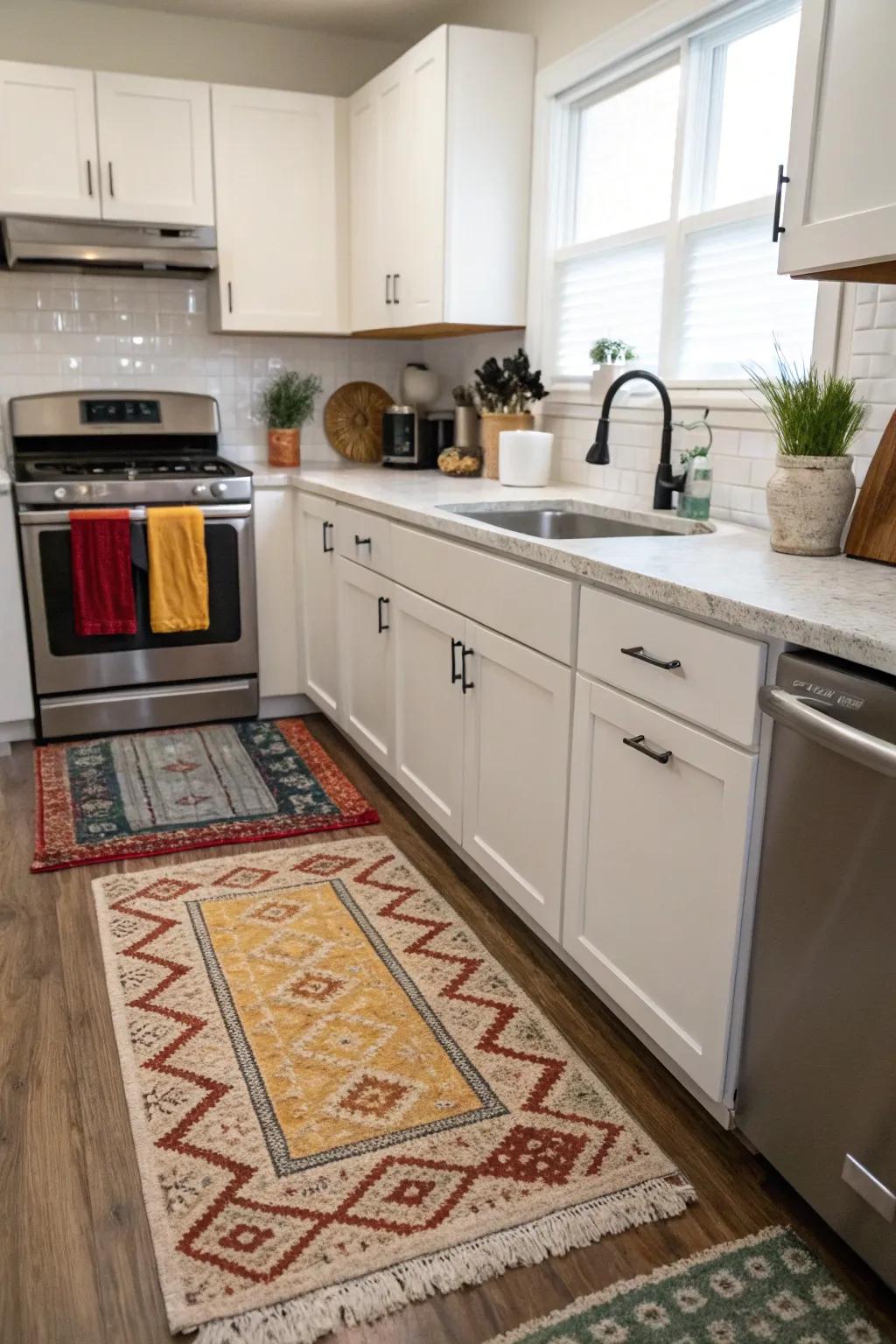 Thoughtfully placed rugs improve comfort and practicality in the kitchen.