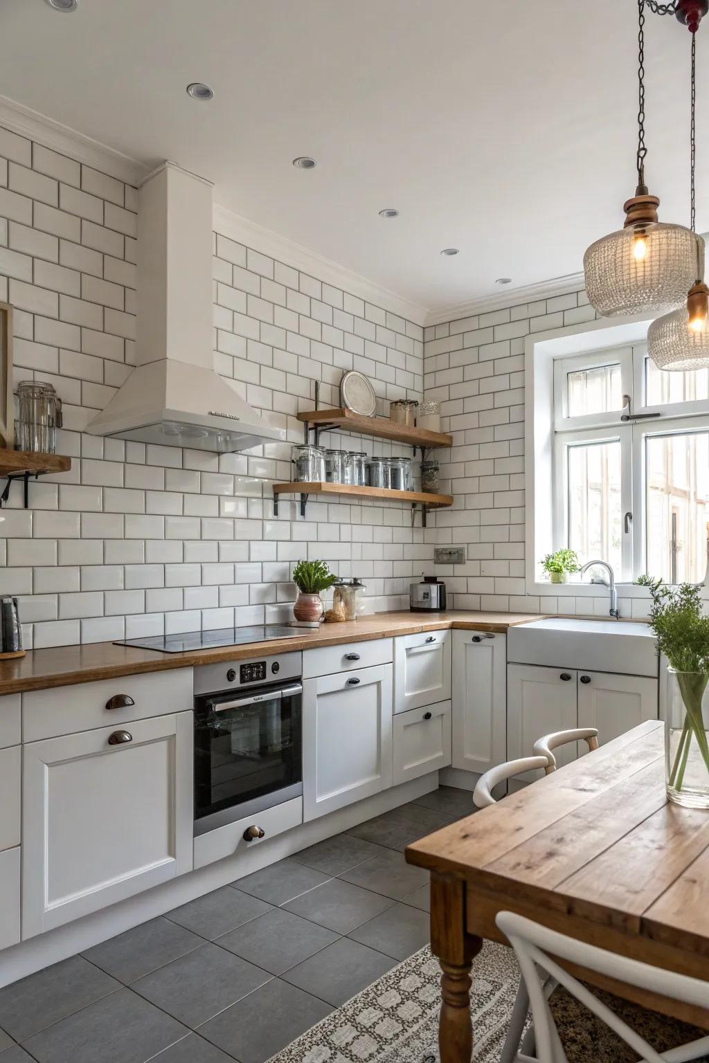 Timeless white tiles provide a classic ambiance in this kitchen.