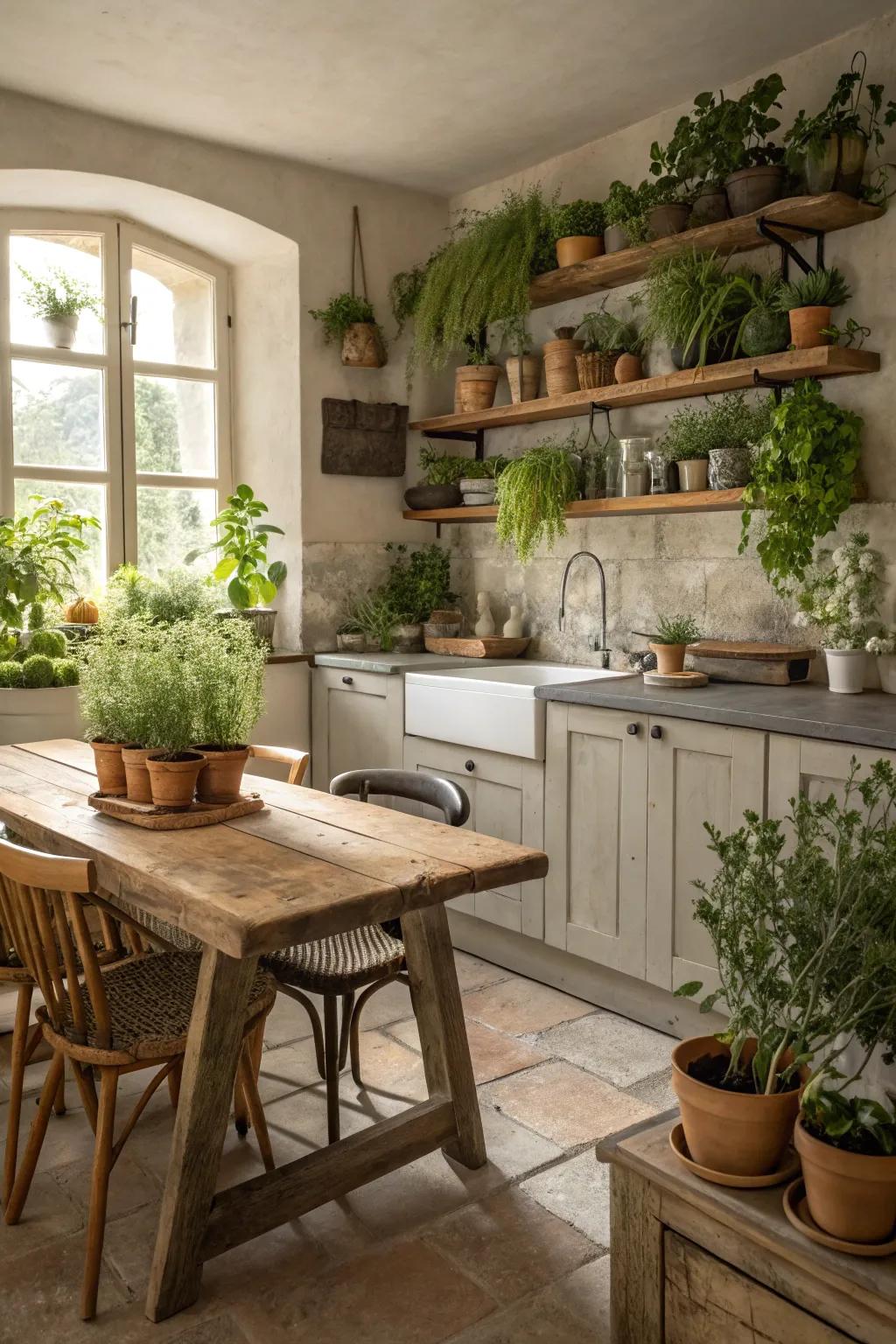 Organic components add freshness to a windowless kitchen.