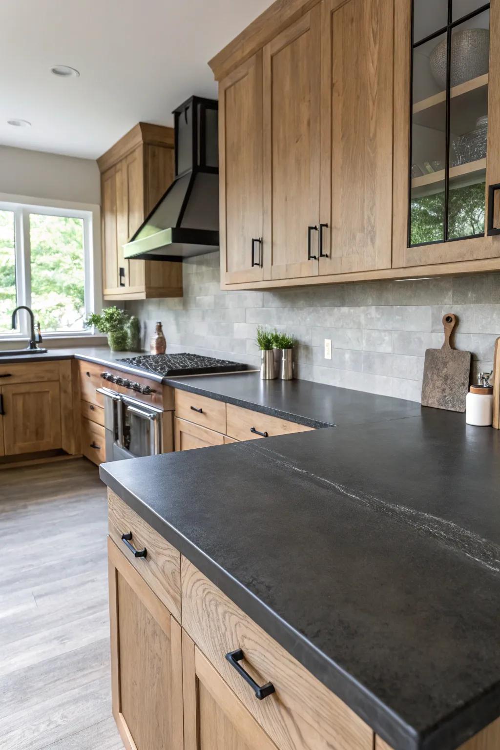 A refined cooking area with dark-toned cement worktops.