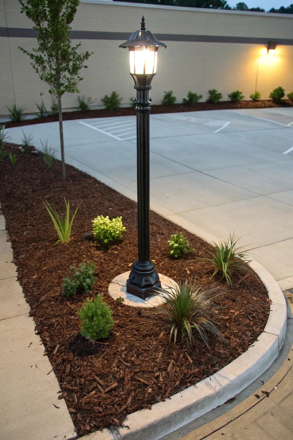 A minimalist strategy employing mulch surrounding a lamp post.