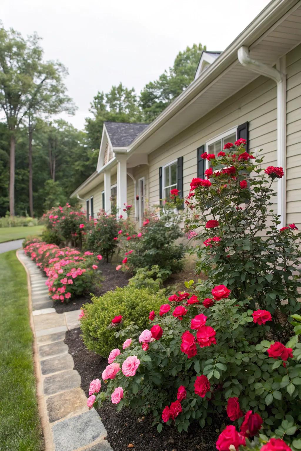 Radiant roses planted along the base of a building, making a floral backdrop.