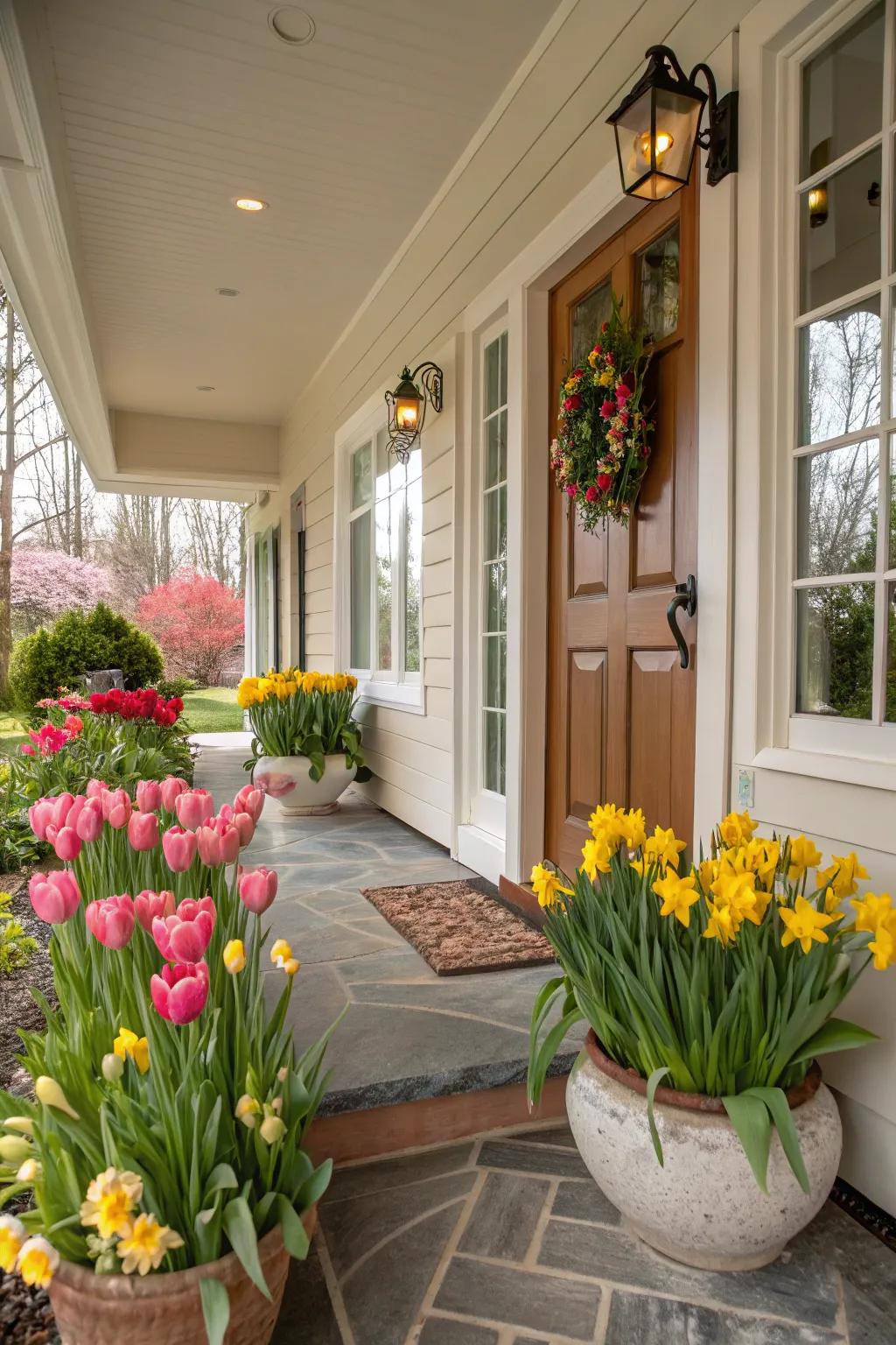 A welcoming home entry decorated with vibrant bloomglows and sunshines.