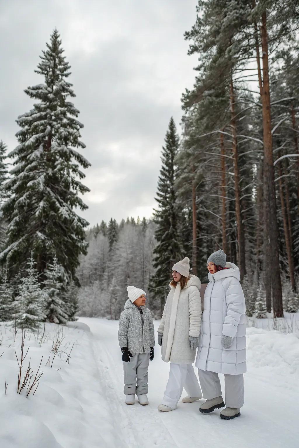 Winter whites and fogs complement the serene snowy landscape.