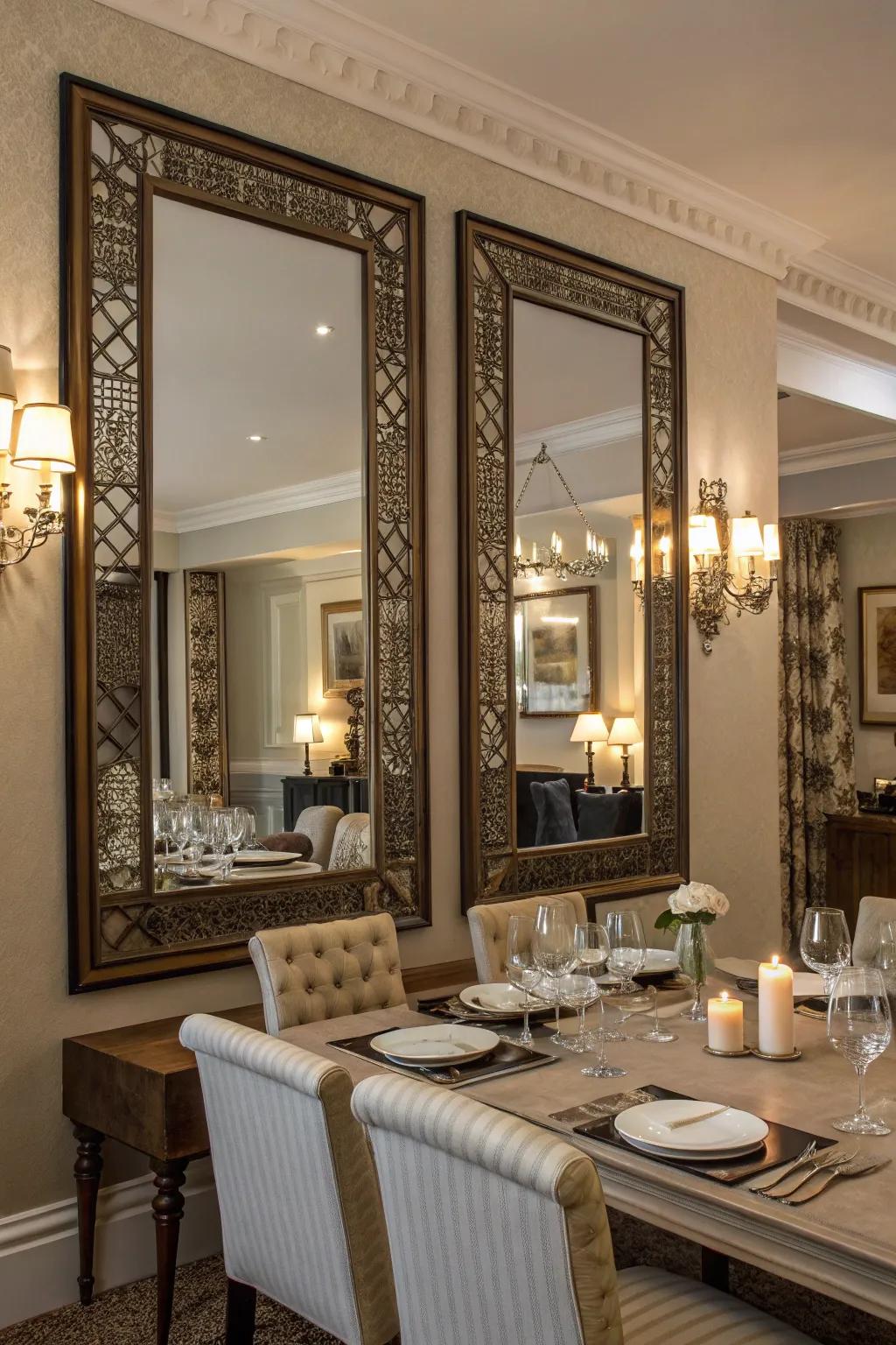 The balance and harmony that symmetric mirrors give to this dining area are lovely.