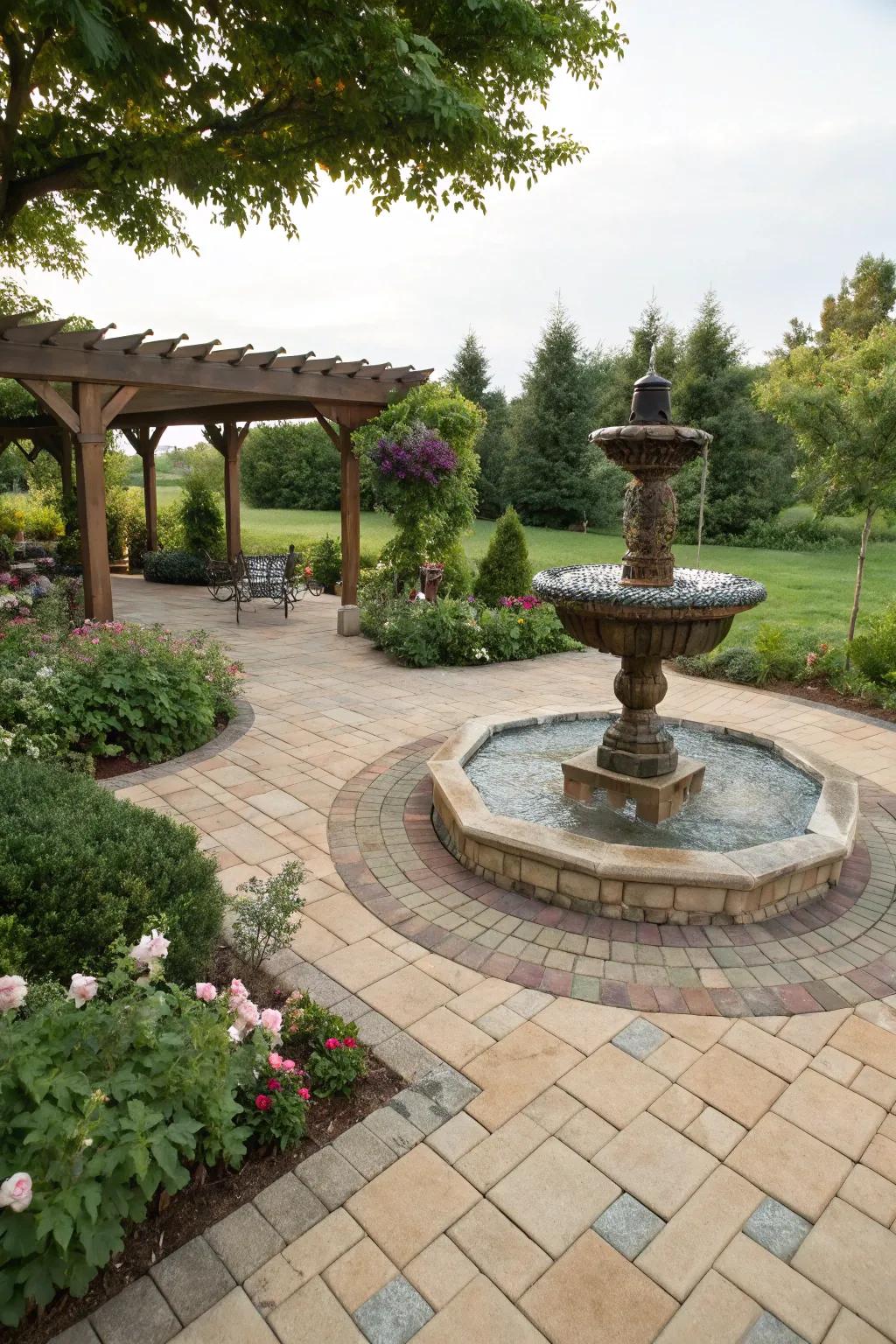 A hydrological feature injects a serene focal attraction to this patio.