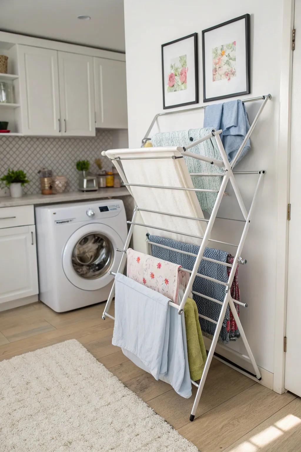 A bellows-style drying rack, suitable for compact laundry spaces.