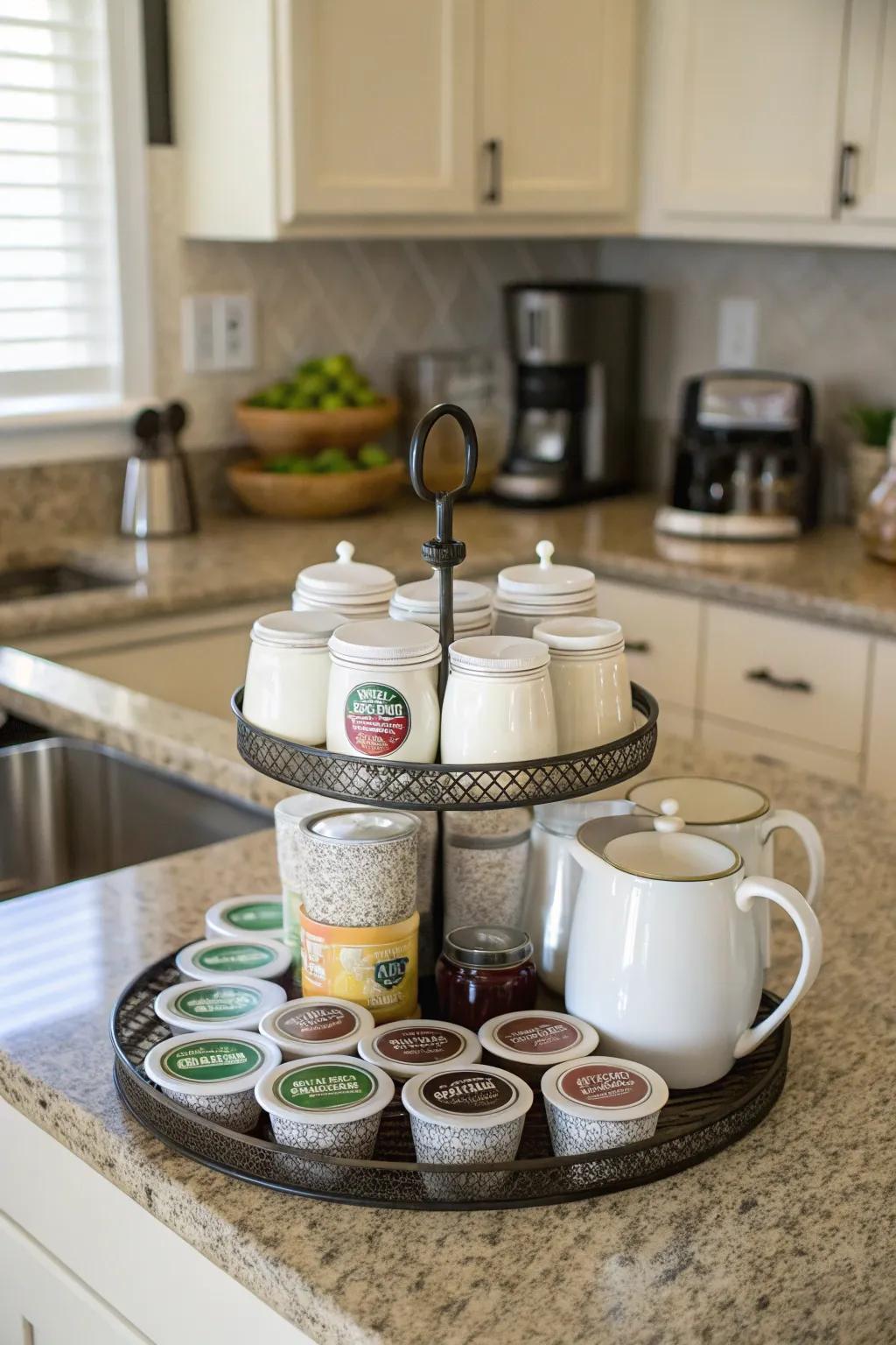 Create a convenient coffee corner with a Lazy Susan.