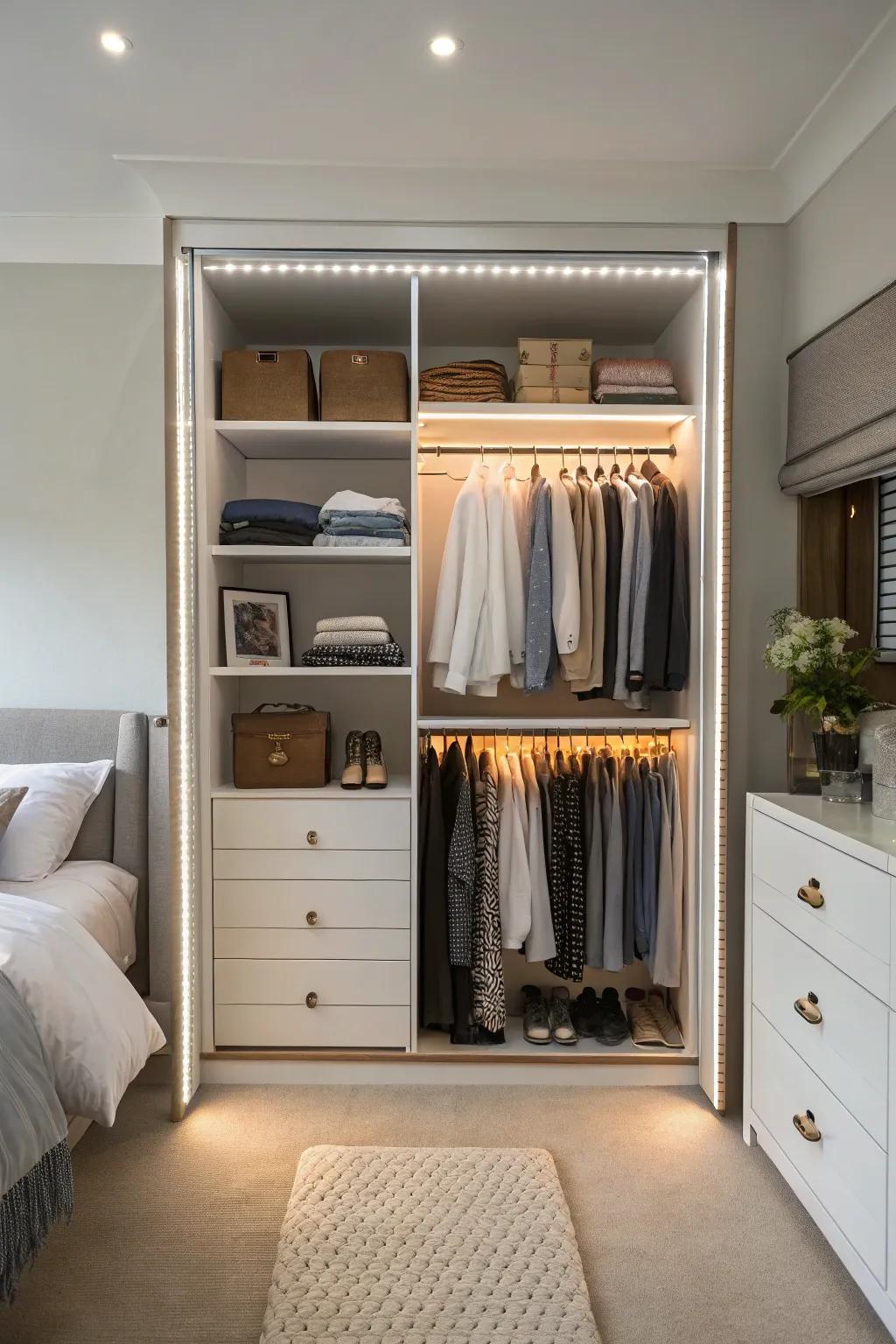 Closet interiors that are well-lit with <strong><em>LED</em></strong> strips for convenience and style.” loading=”lazy” class=”pimg”>
	</picture><figcaption>Closet interiors that are well-lit with <strong><em>LED</em></strong> strips for convenience and style.</figcaption></figure>
<p>For useful lighting that is both functional and fashionable, put <strong><em>LED</em></strong> strips inside of your closet. I frequently employ this technique to make sure every area is well-lit, which streamlines morning routines.</p>
<h3>Might be a good match:</h3>
<ul class=