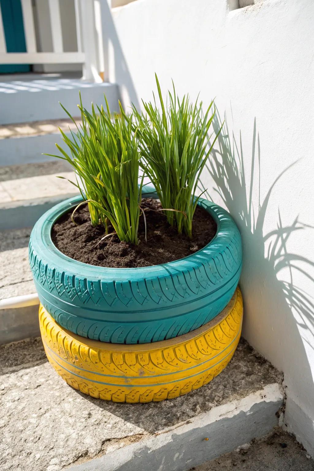Transform old into bold with this vibrant reused rubber planter!