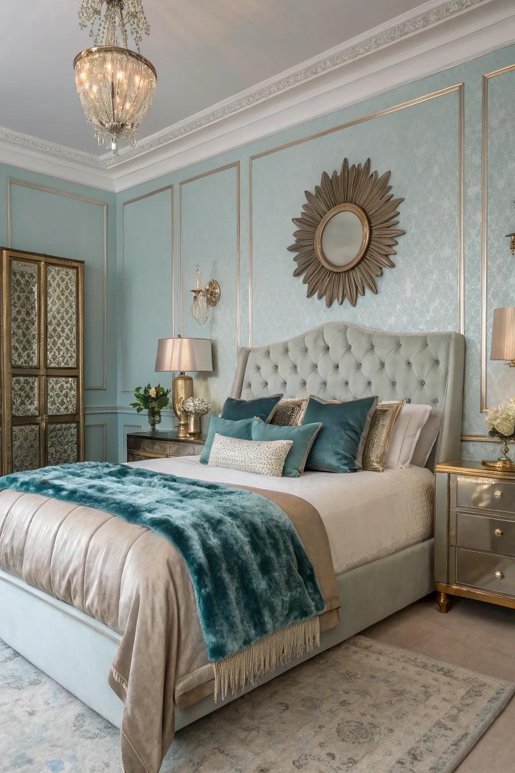 A glamorous sleeping quarter with metallic accents that beautifully contrast against a sky blue setting.
