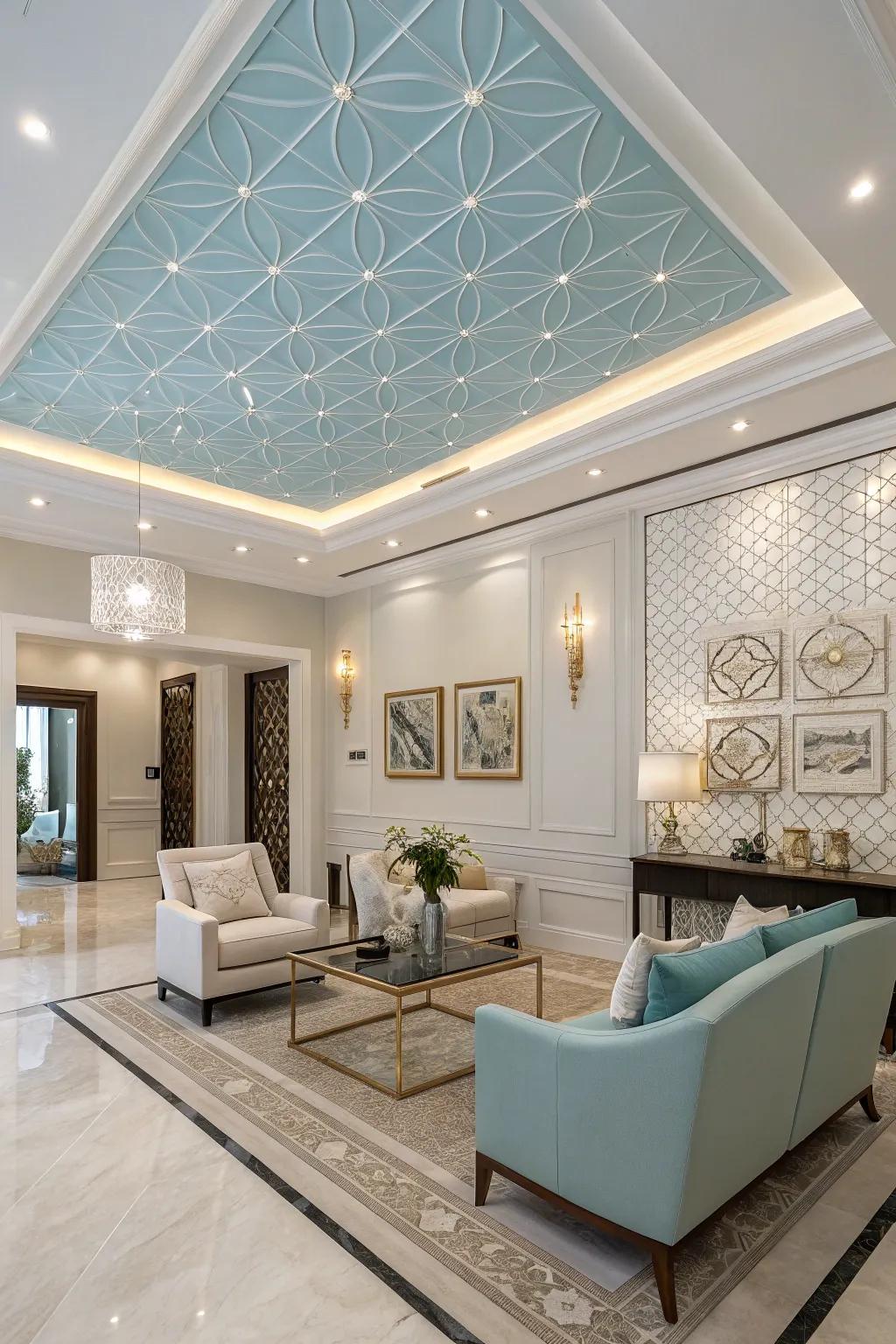 A luxurious living space with a sky-blue ceiling and modern design elements.