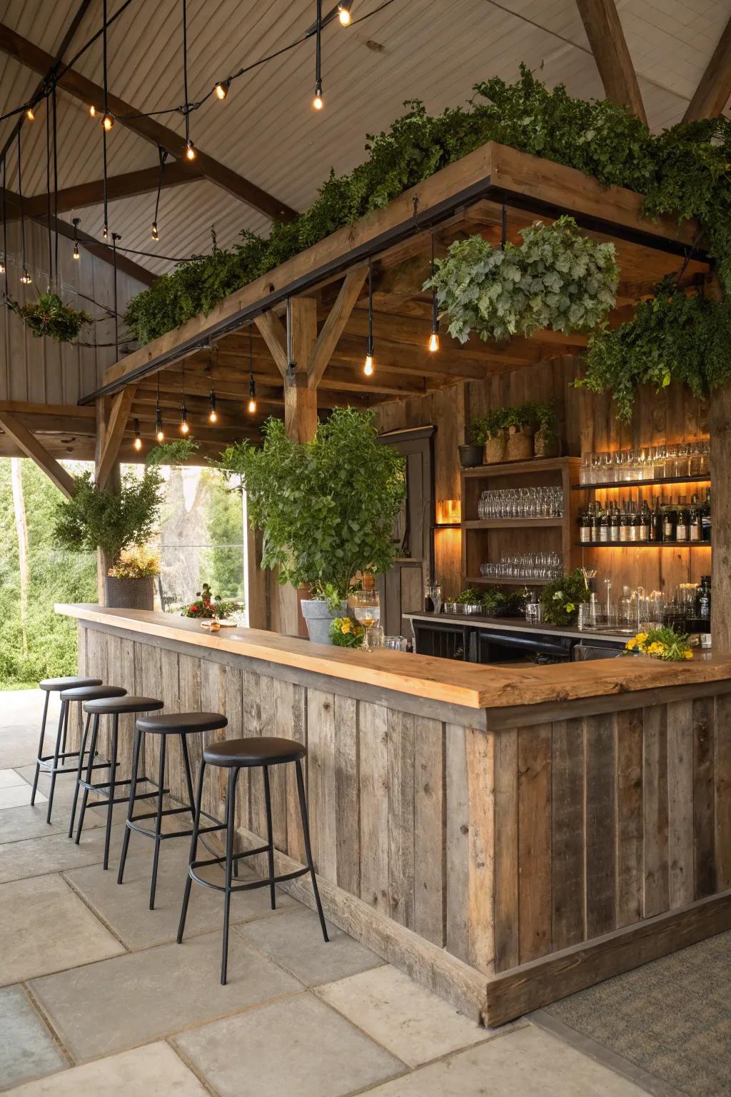 A live edge bar is featured in a variety of themed settings, demonstrating its adaptable design.