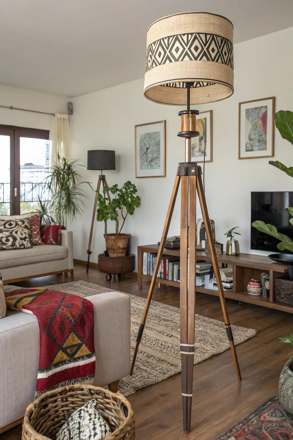 An eclectic living room with a floor lamp crafted from mixed materials.