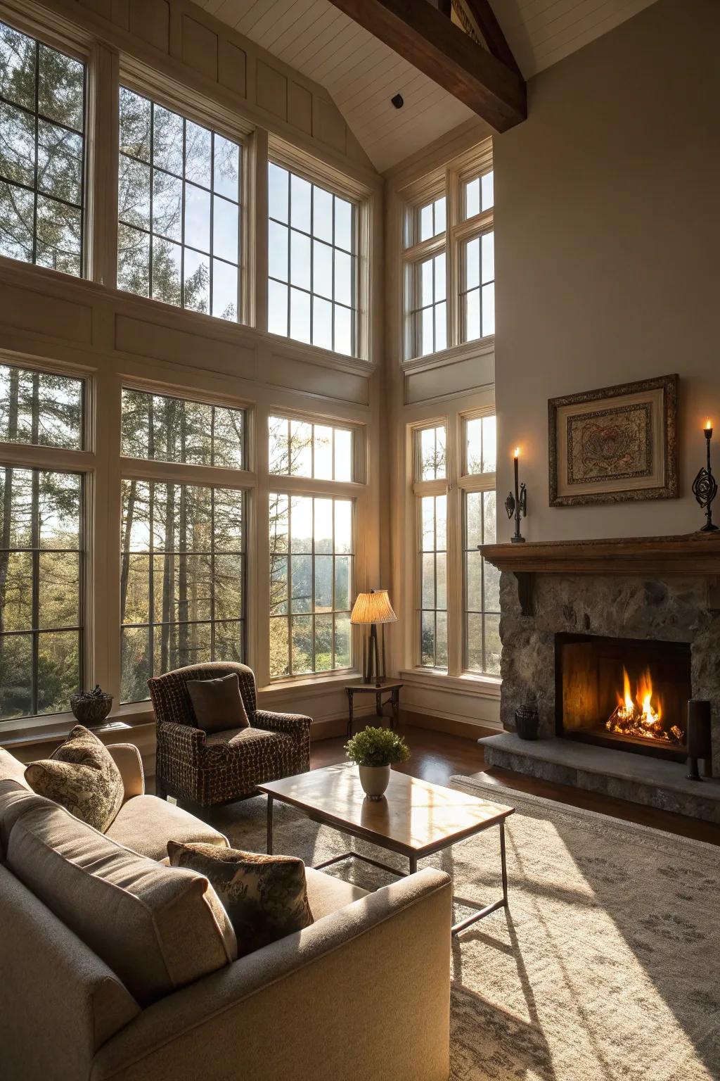 A living room arrangement that maximizes natural light and fireplace warmth.