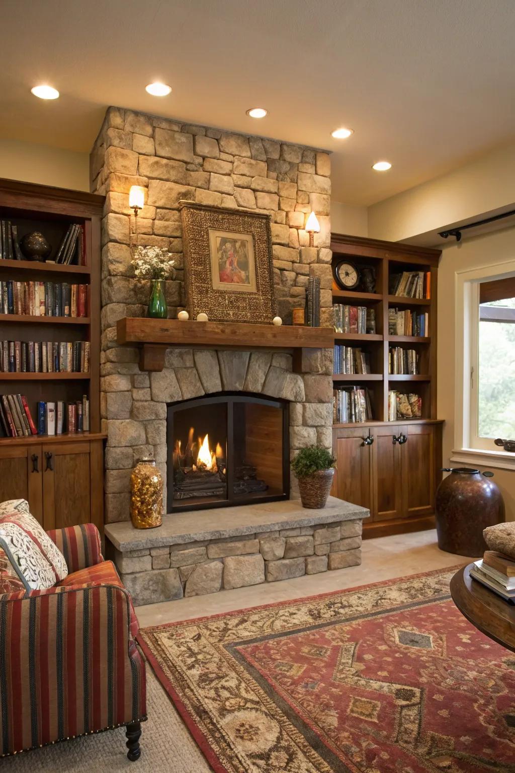 Your fireplace gains functionality and style from built-in cabinets.