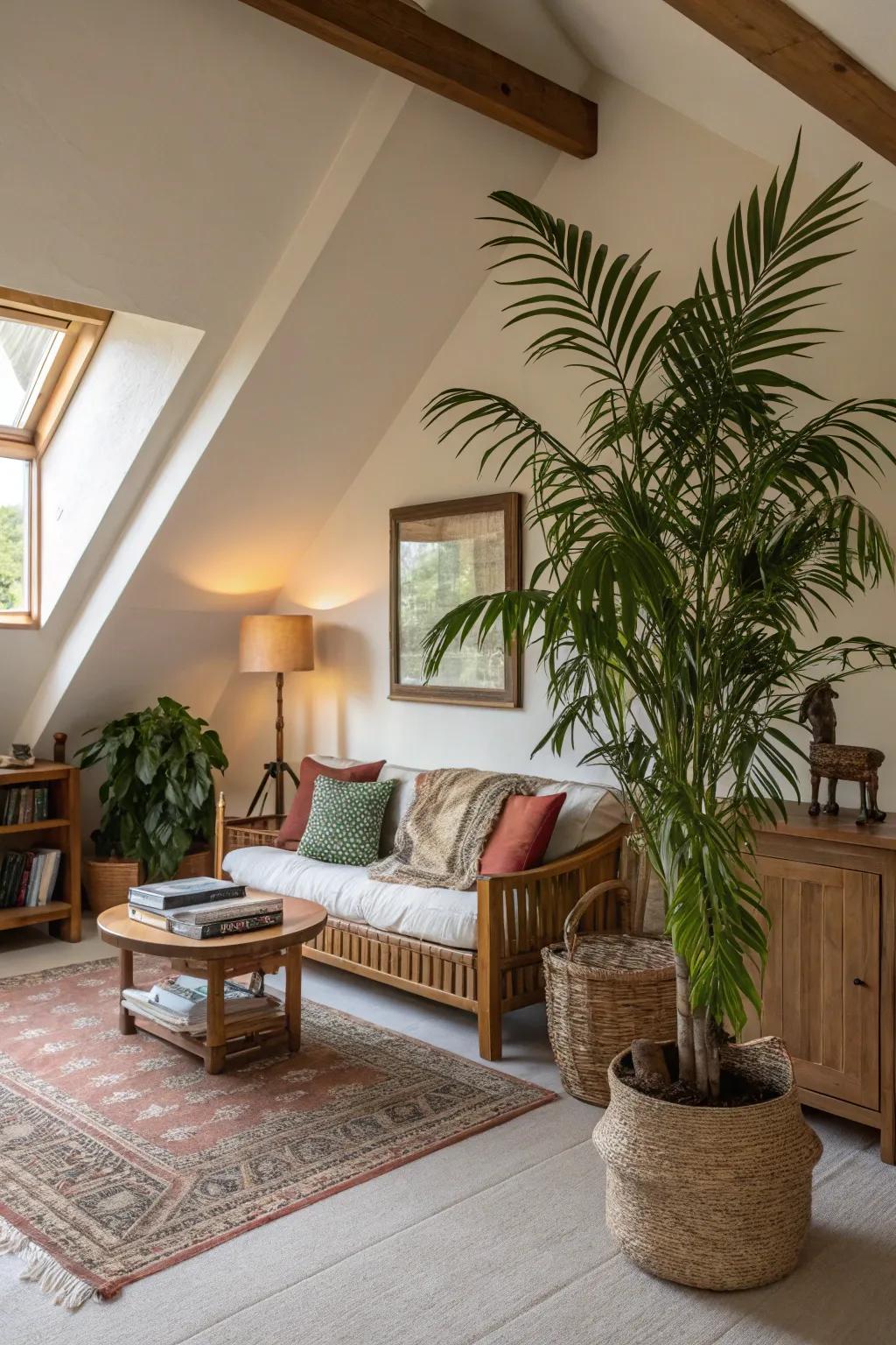 Indoor plants bring vibrancy and freshness to a vaulted ceiling space.