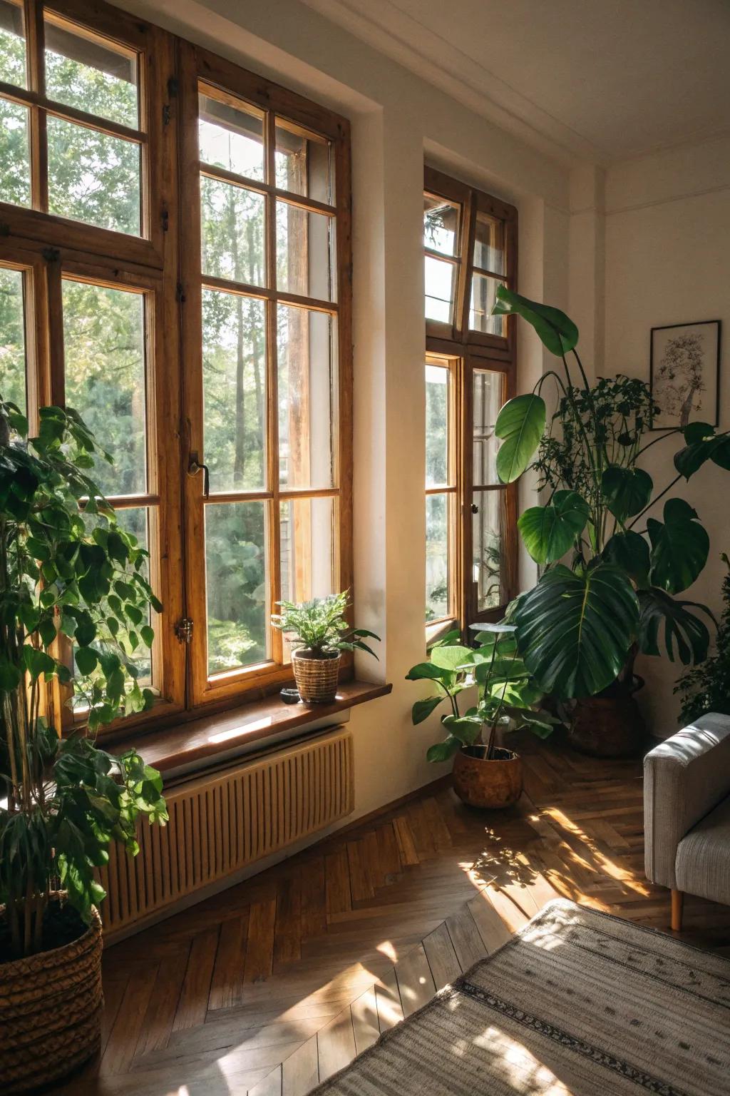 Natural elements such as wood and flora create a tranquil ambiance.