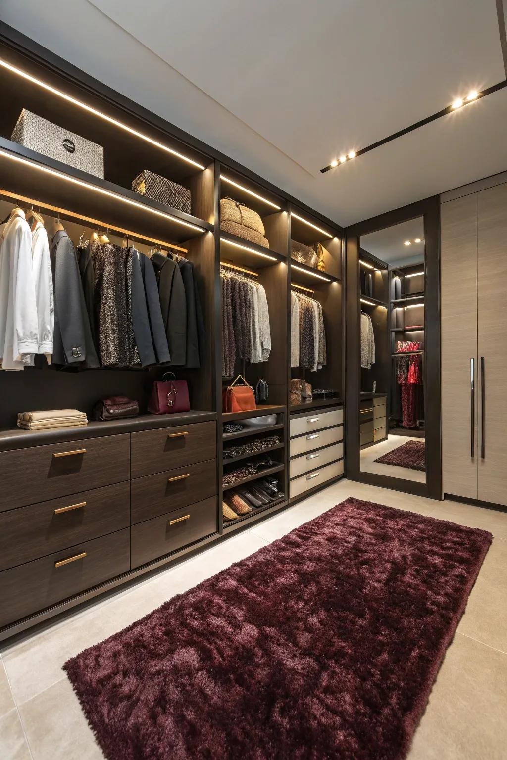 A sumptuous floor covering enhancing the warmth of the upscale closet.