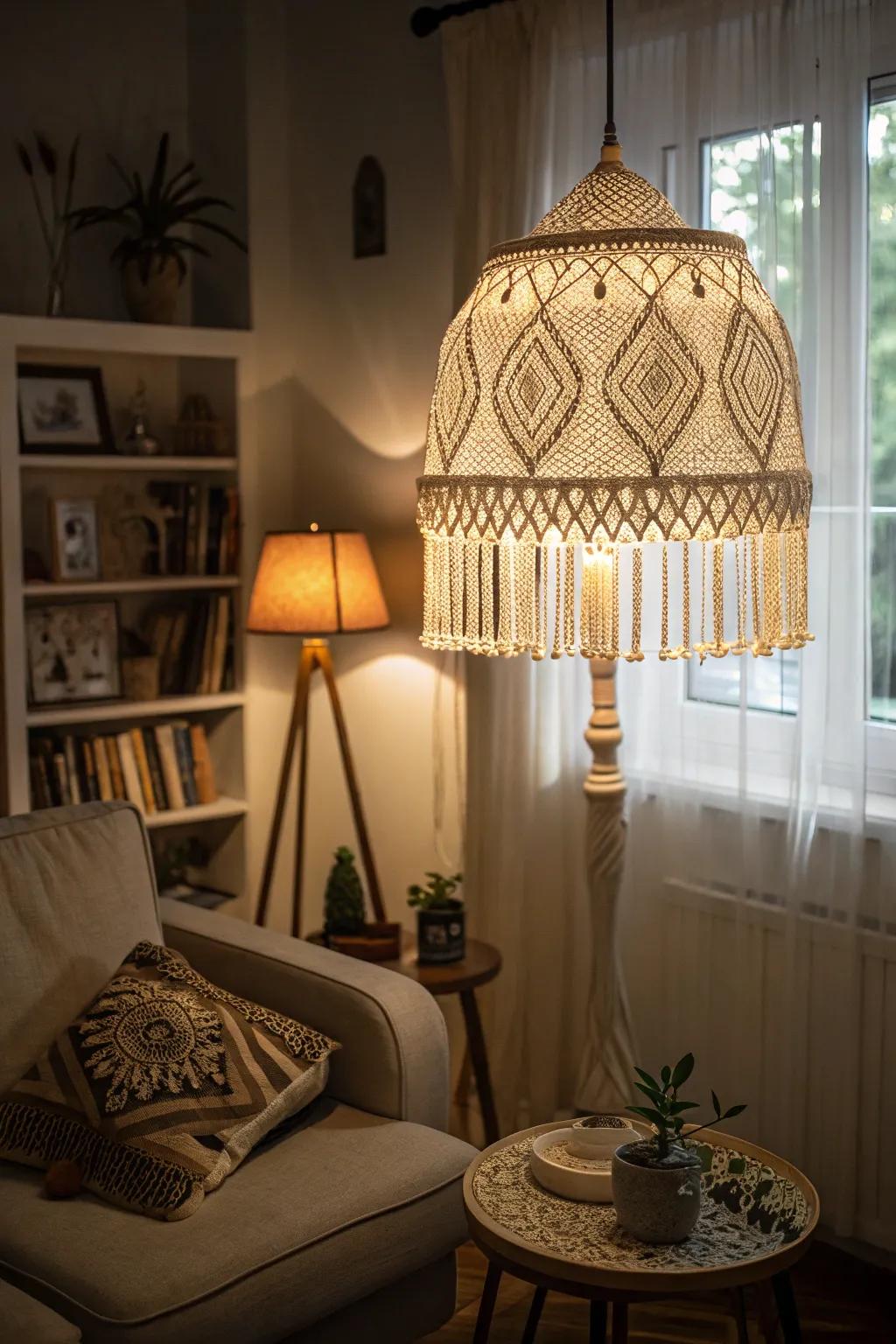 Macrame lampshades adding warmth and ambiance.