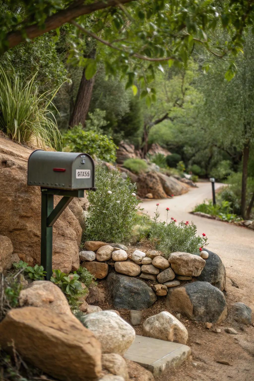 Spontaneous sensibilities with earth-toned stones conjure a harmonious mailbox landscape.