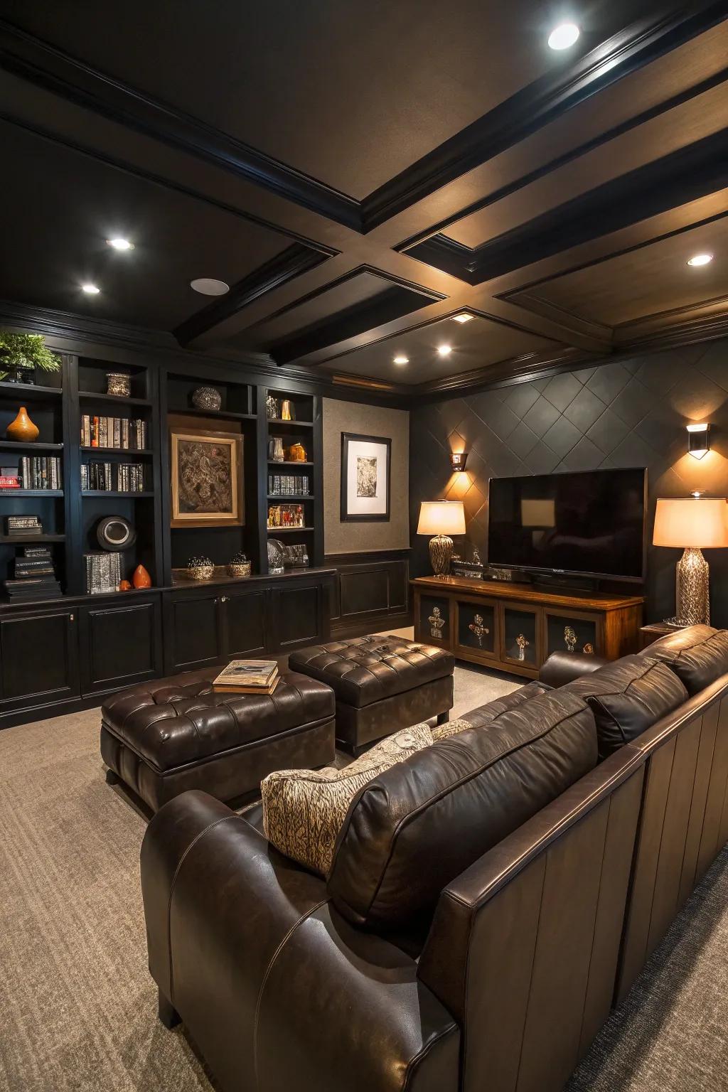 Deep color themes producing a cozy environment within a man cave.