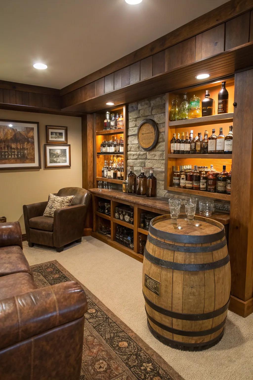 Whiskey-themed décor brings a hint of sophistication to your man cave.