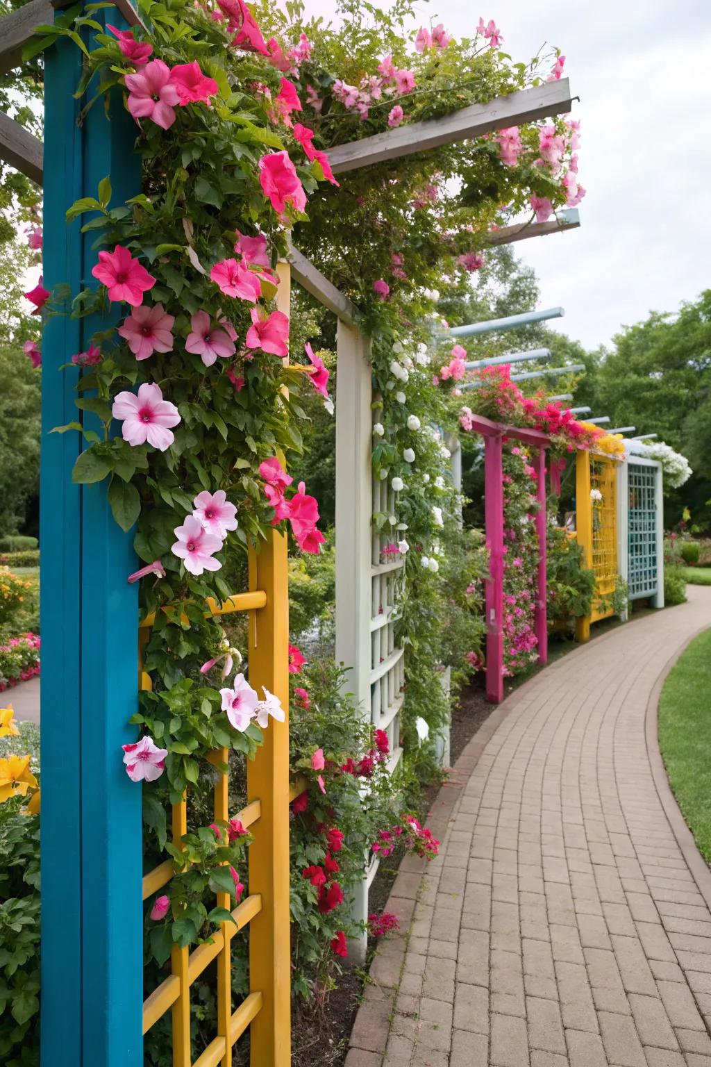 Chromatic trellis panels present an artistic foundation for mandevilla blossoms.