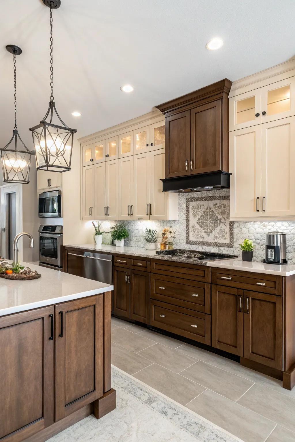 A kitchen featuring two-tone walnut cabinets for a unique and dynamic appearance.