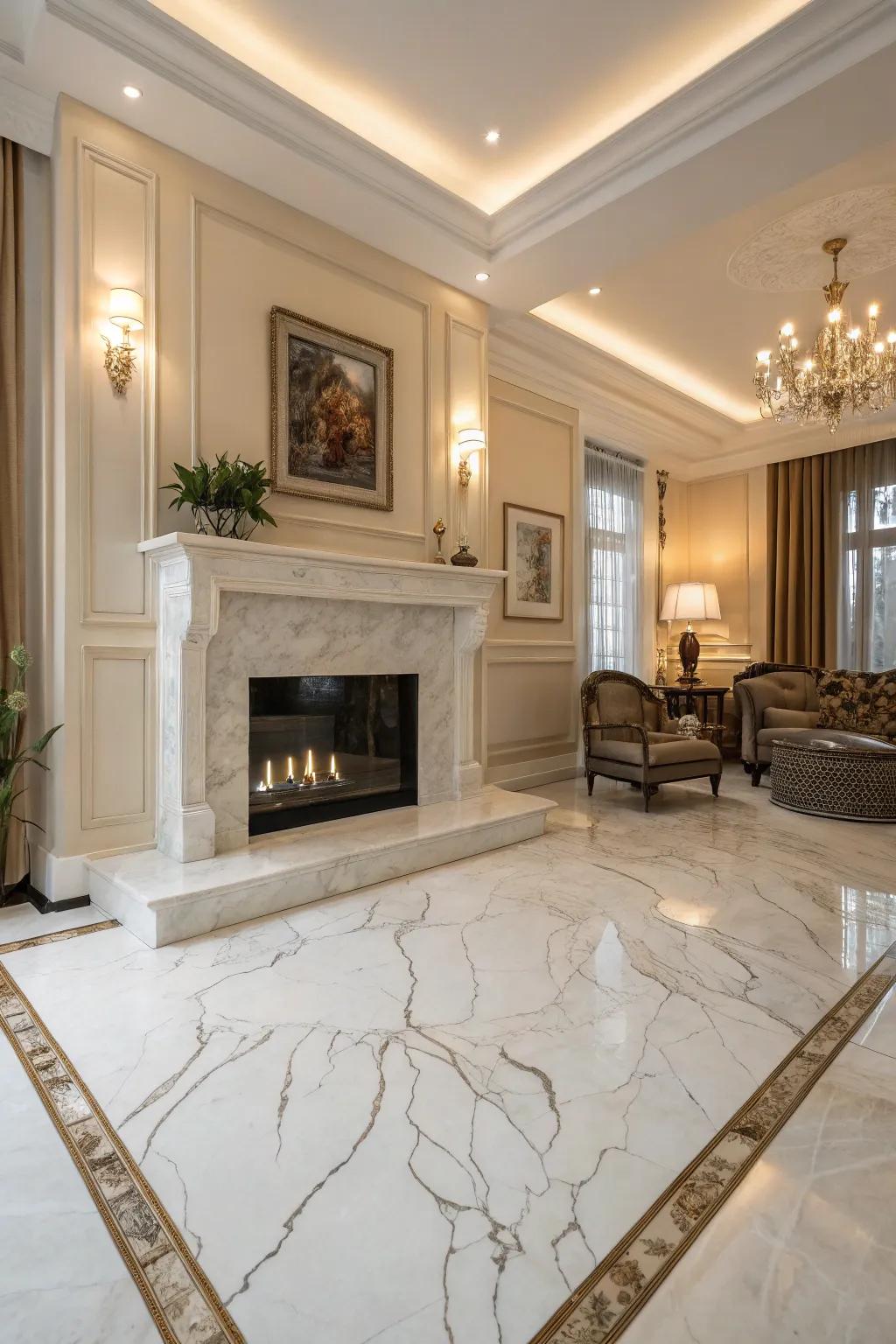 Coordinating marble highlights the fireplace as a focal point.
