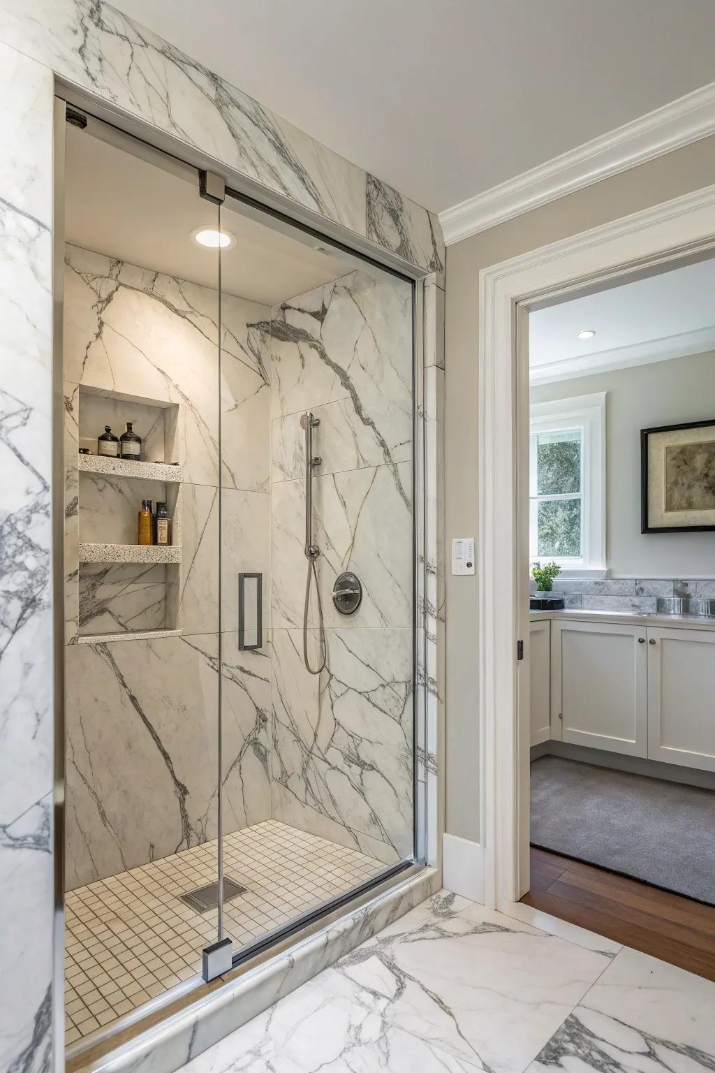 Calacatta stone delivers striking elegance to your shower recess.