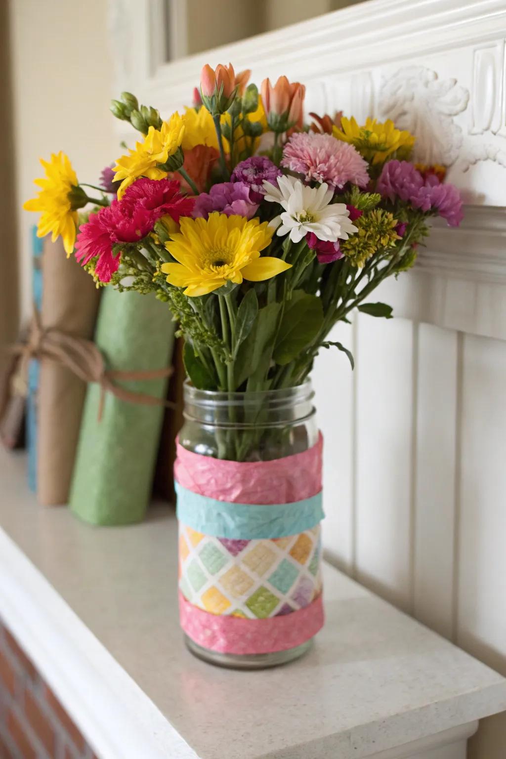 Incorporate a burst of pigmentation through paper-overlaid upcycled glass containers.