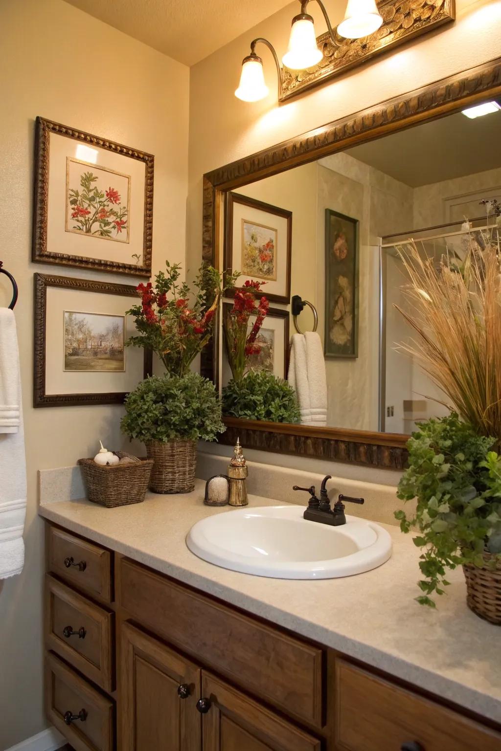 A bathroom vanity decorated with plants and framed artwork.