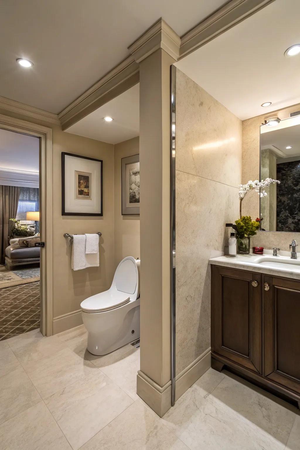 An exclusive commode corner guarantees discretion devoid of conceding area around this bath arrangement.