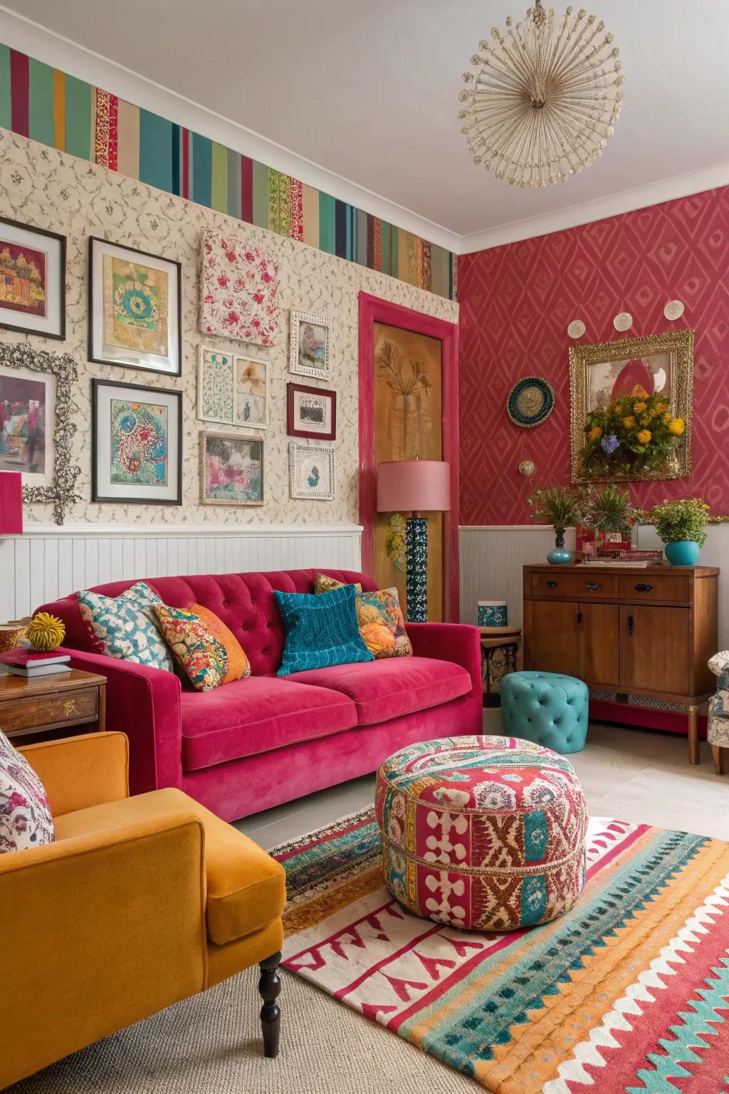 Opposing tone wall covering adds energy to a vibrant living space.