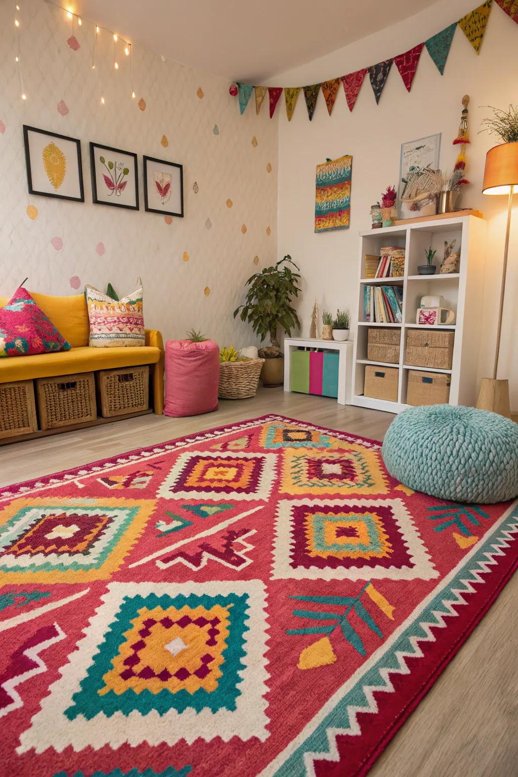 A striking floor covering unifies the room in this maximalist haven.