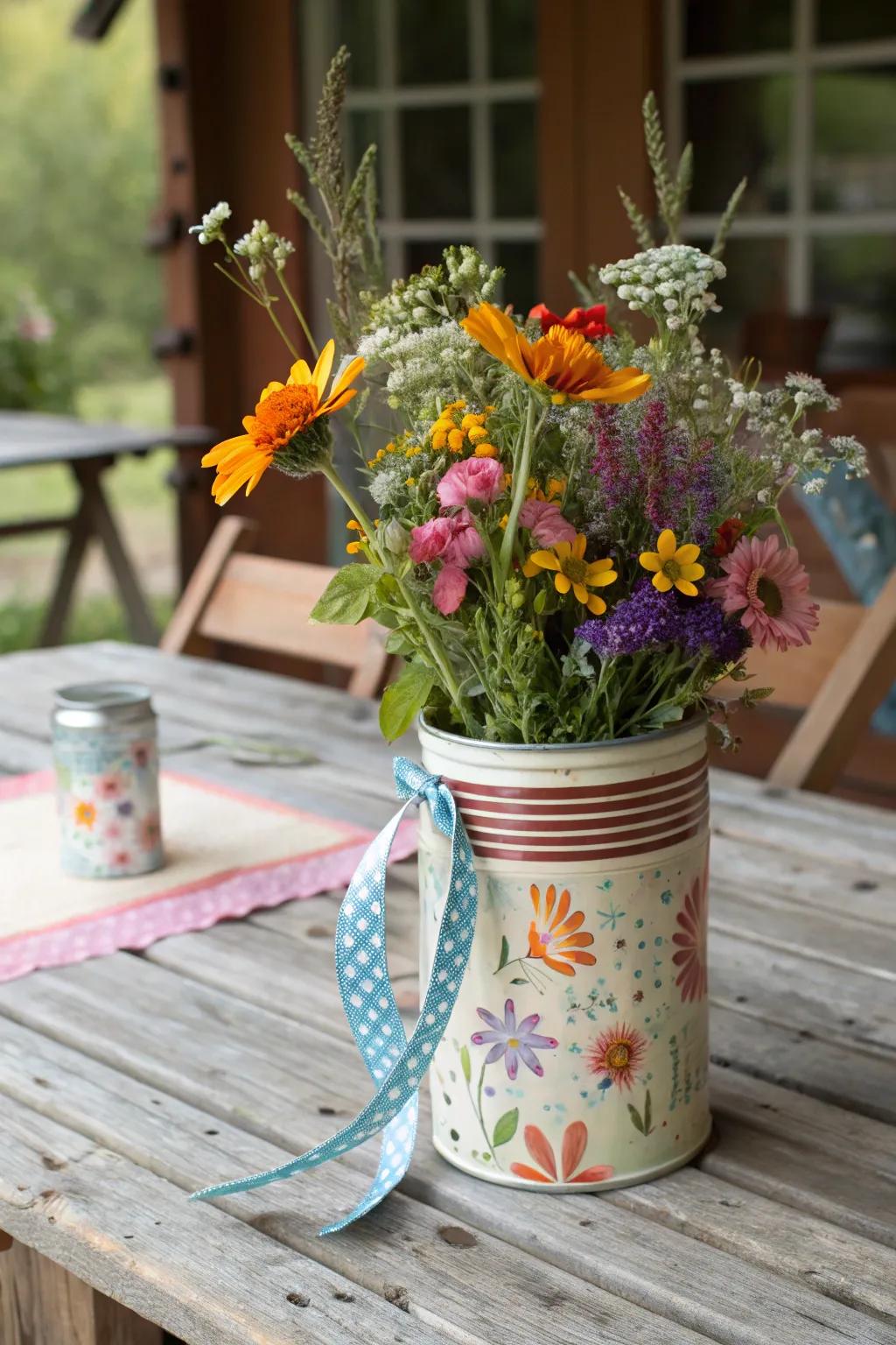A nostalgically charming vintage-inspired May basket crafted from a repurposed tin can.