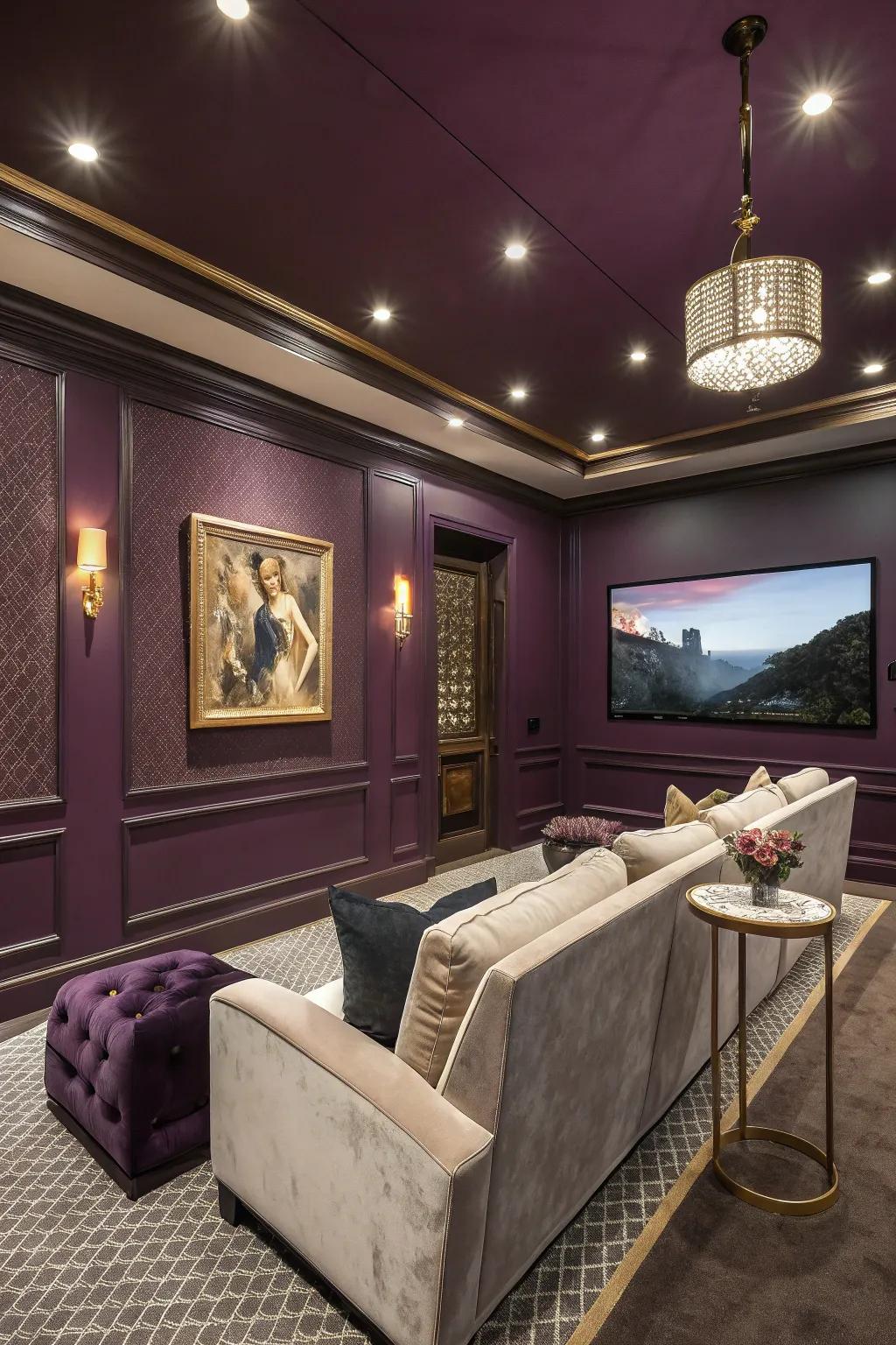 An opulent media room displaying violet depths walls, radiating pure elegance.