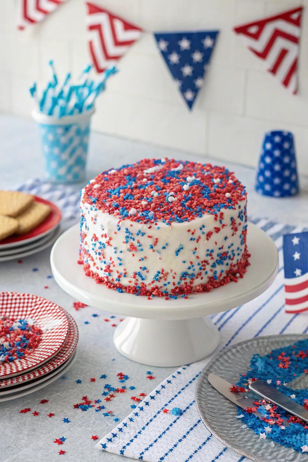 An explosion of patriotic sprinkles transforms a simple cake into a celebratory masterpiece.
