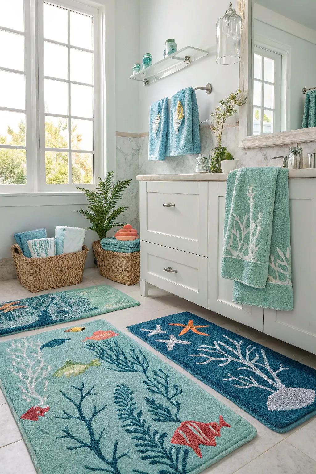 Aquatic fabrics incorporate warmth and flair to your mermaid-inspired bathroom.