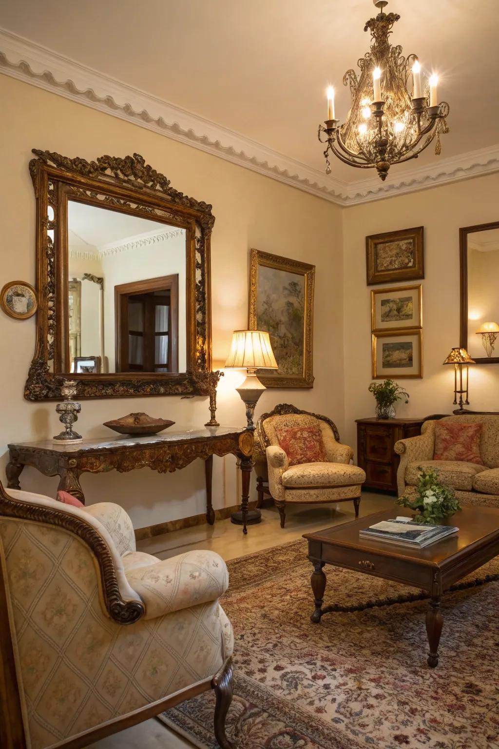 Antique reflectors bring history and character to the space.