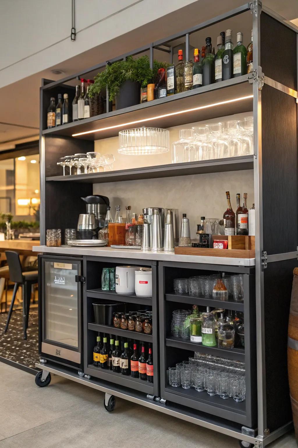 Thoughtful organization assures easy access to essentials in this mobile bar.