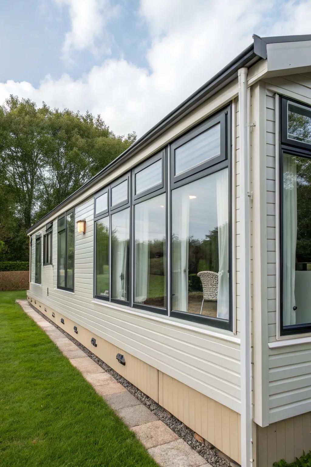 Expansive windows enhancing the natural light within a mobile home.